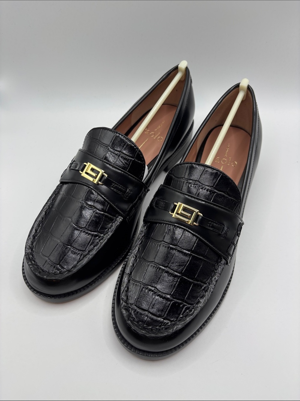 Paolo Black Croc-Embossed Leather Loafers with Gold Buckle